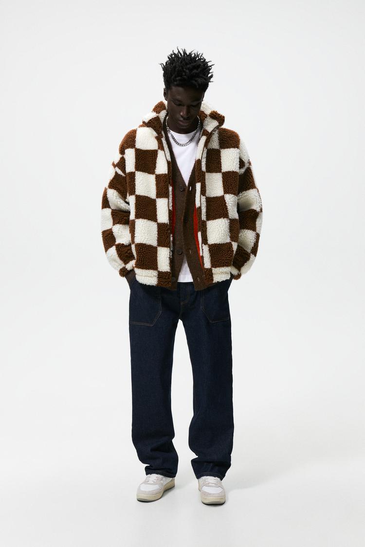 CHECK FAUX SHEARLING JACKET Oyster White ZARA Spain